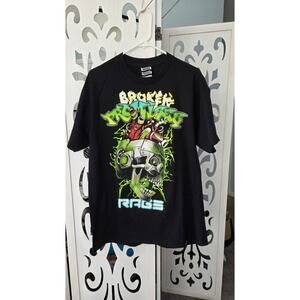 Broken Promises Rage Graphic Tee Mens L Black NWOT Streetwear Skull Neon Punk